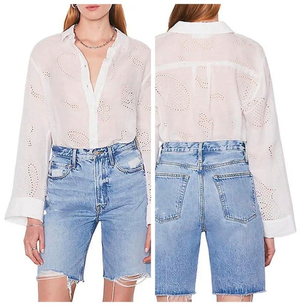 FRAME Embroiered Eyelet Button-Up Ramie Shirt/Tunic, BLANC (WHITE), Size M, NWT
